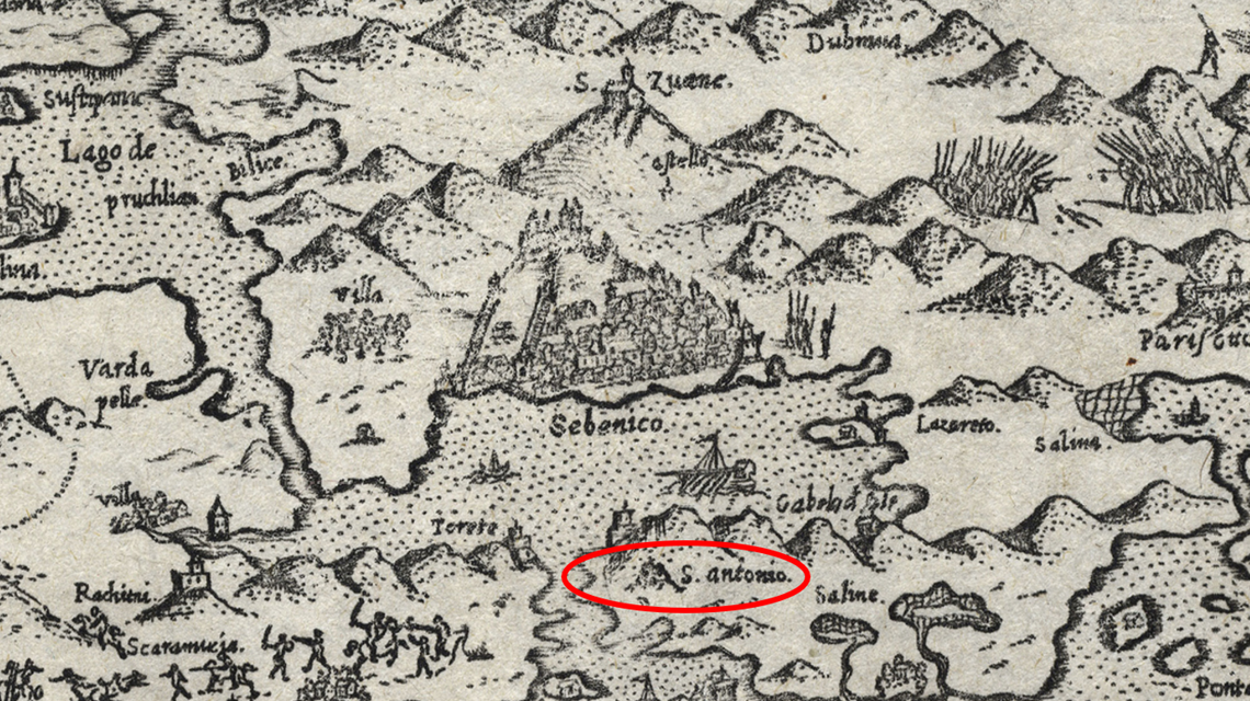 Prikaz špilje sv. Ante pustinjaka na karti Martina Kolunića Rote iz 1571. g.
